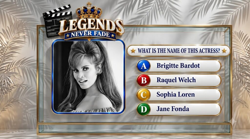 A black and white portrait of Raquel Welch framed in blue with LEGENDS NEVER FADE banner It s a classic Hollywood-themed