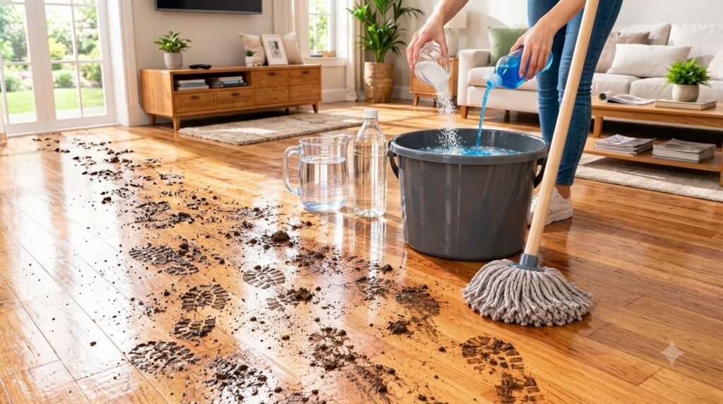 A person s hands pouring white cleaning powder and blue liquid into a grey bucket with water next to a mop on a dirty wo