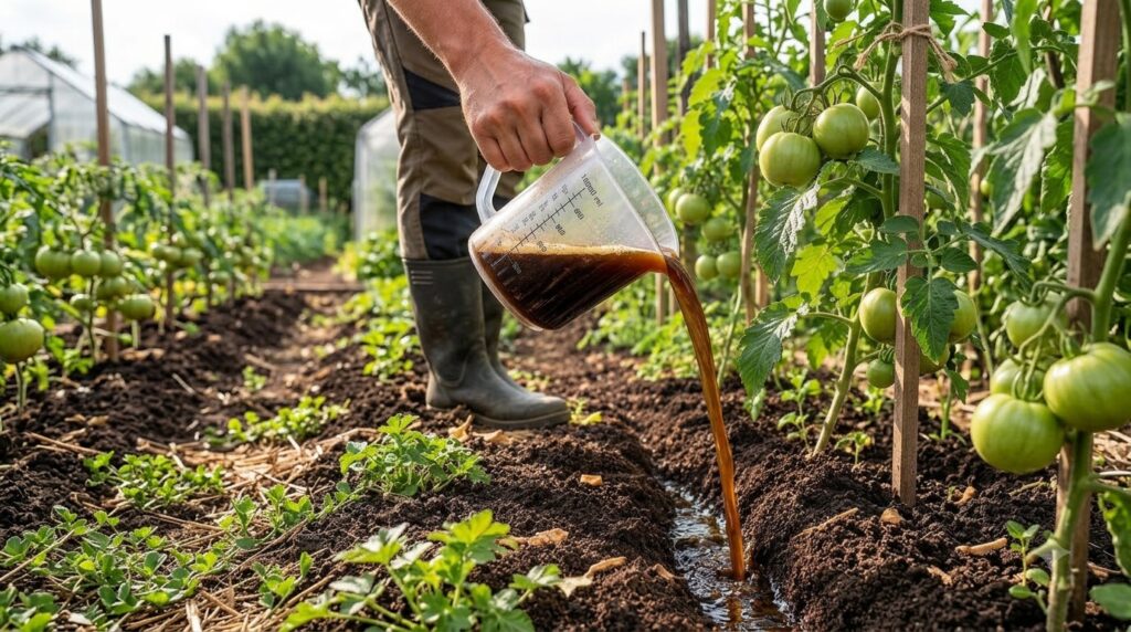 A hand pouring dark liquid from a clear measuring jug into a tilled trench in the soil with green tomato plants laden wi