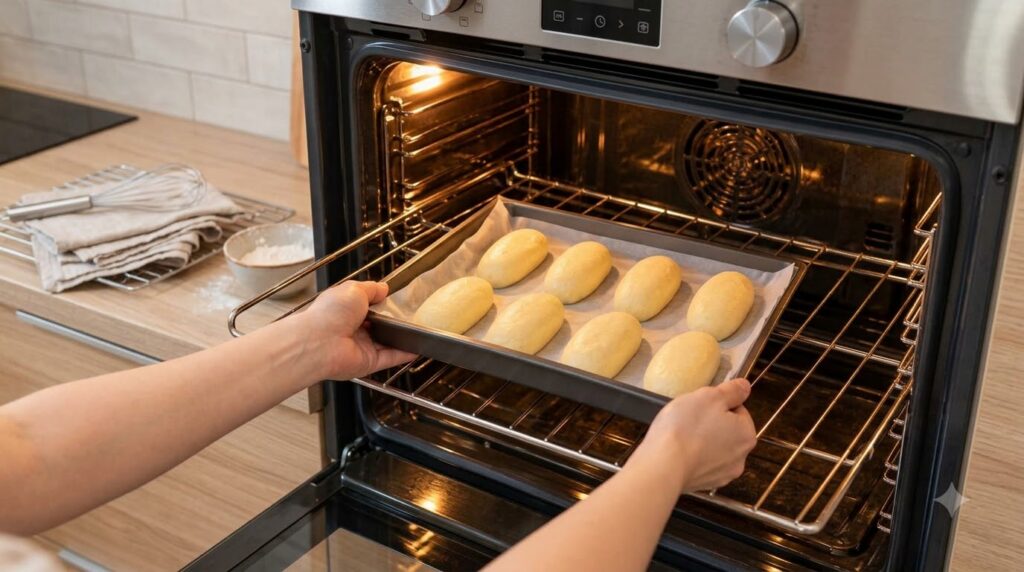 A baking tray filled with uncooked dough rolls ready to be placed into a preheated oven