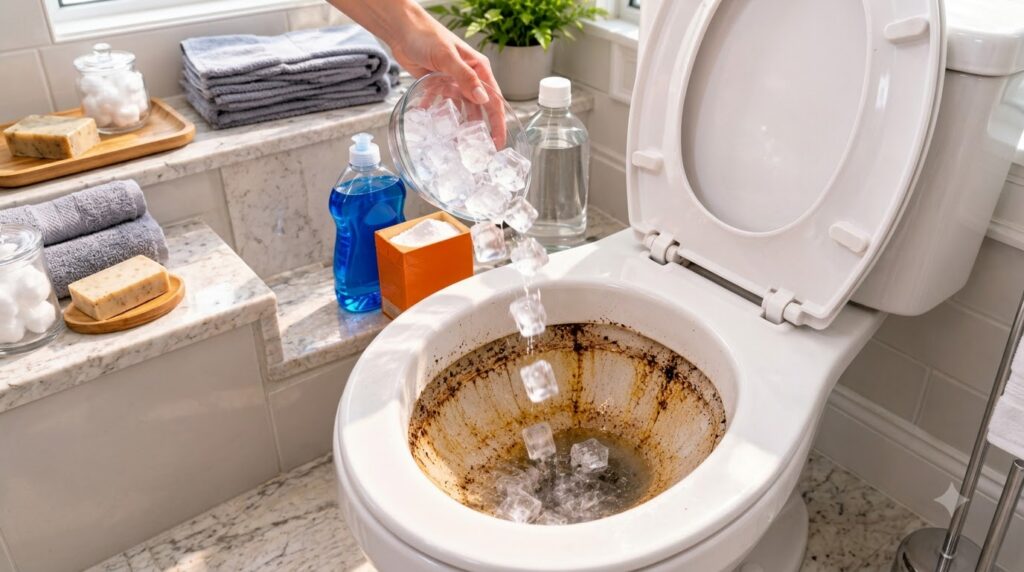 A hand pouring ice cubes into a dirty toilet bowl with various cleaning supplies like dish soap baking soda and a liquid