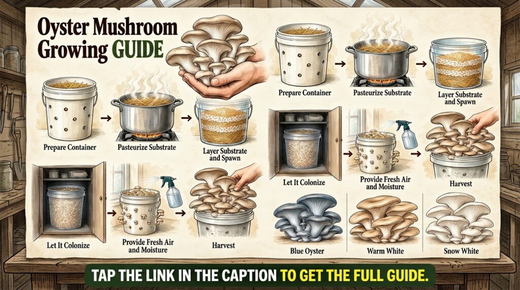 A detailed infographic showing step-by-step instructions for growing oyster mushrooms including preparation pasteurizati