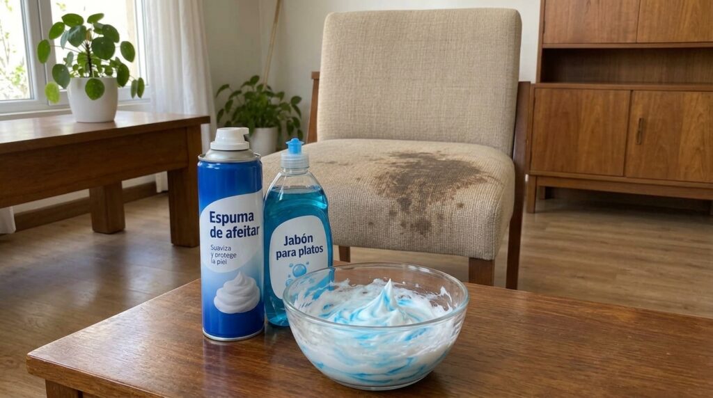 A close-up of a stained beige upholstered chair with Barbasol shaving cream blue Dawn dish soap and a bowl of mixed foam