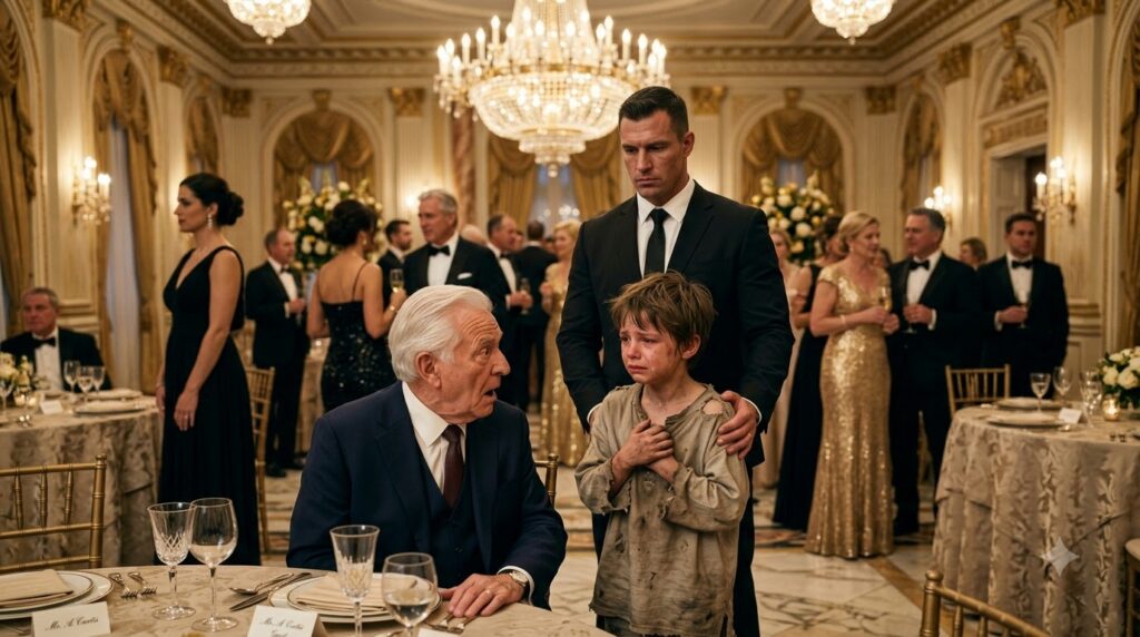 A young boy in tattered clothes crying profusely in a lavish ballroom while an older man at a formal dinner table looks 
