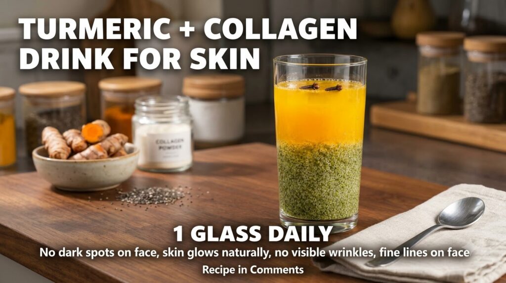 A clear glass with a two-layered golden turmeric and collagen drink The top layer is yellow with two cloves and the bott