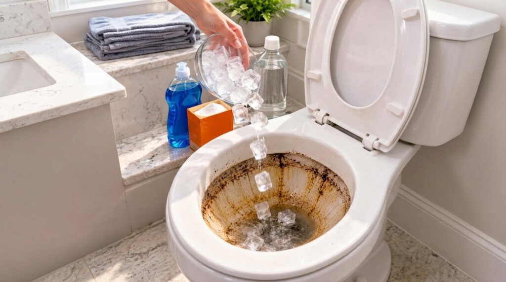 A hand pouring ice cubes from a glass bowl into a very dirty toilet bowl Various cleaning products like blue dish soap b