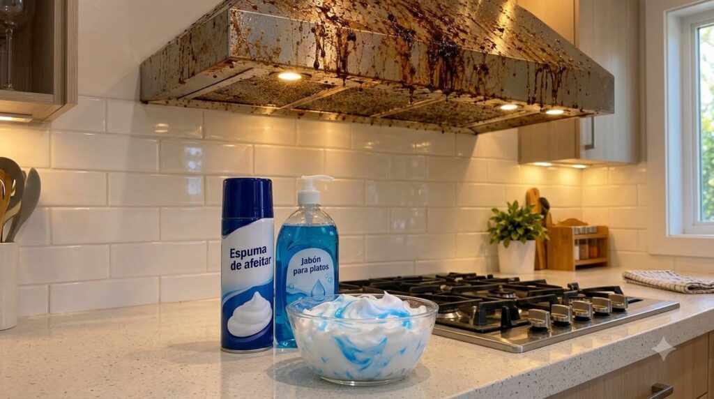 A severely grimy stainless steel kitchen range hood splattered with dark brown grease and residue with a clear glass bow