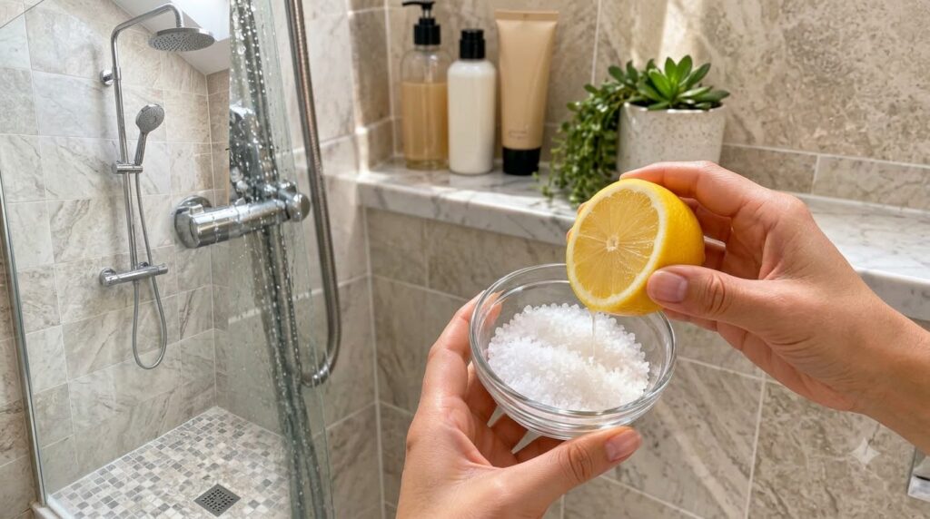 Hands holding a halved lemon over a small clear glass bowl filled with white granular salt with commercial bath products