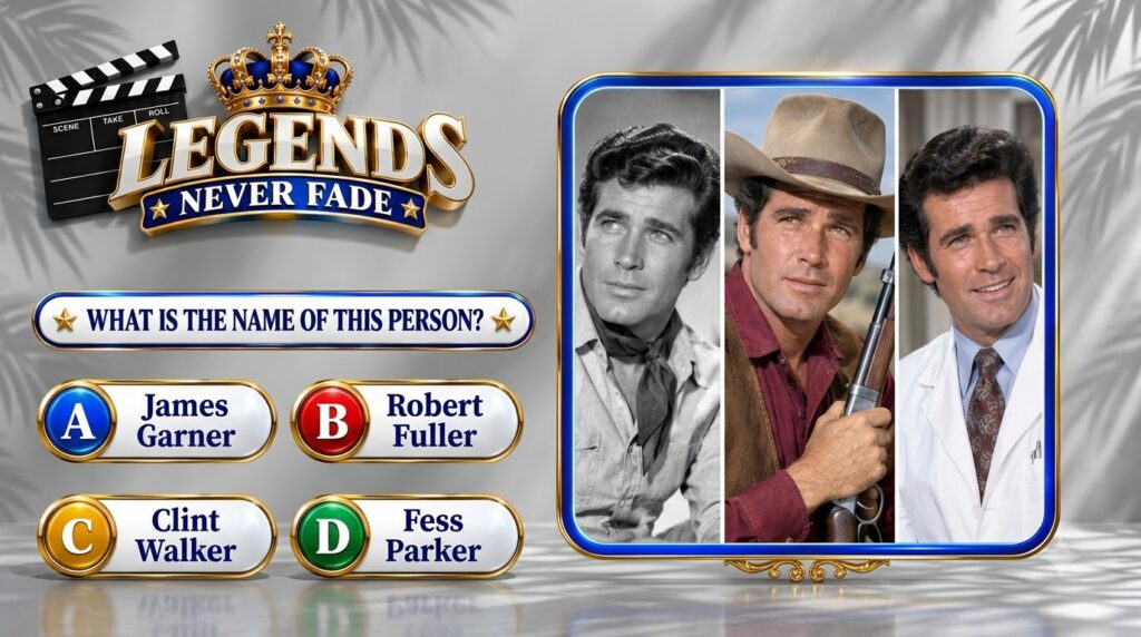 Three portraits of Michael Landon from different periods and roles with LEGENDS NEVER FADE title and quiz question
