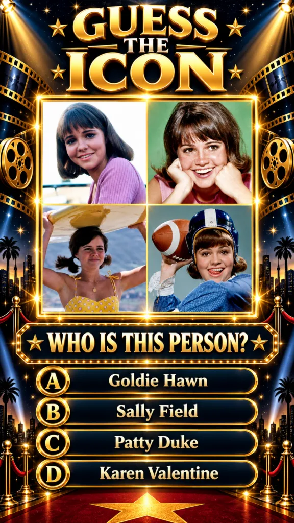 A 2x2 grid of four distinct vintage portraits of a young Sally Field from her early career each showing a different look
