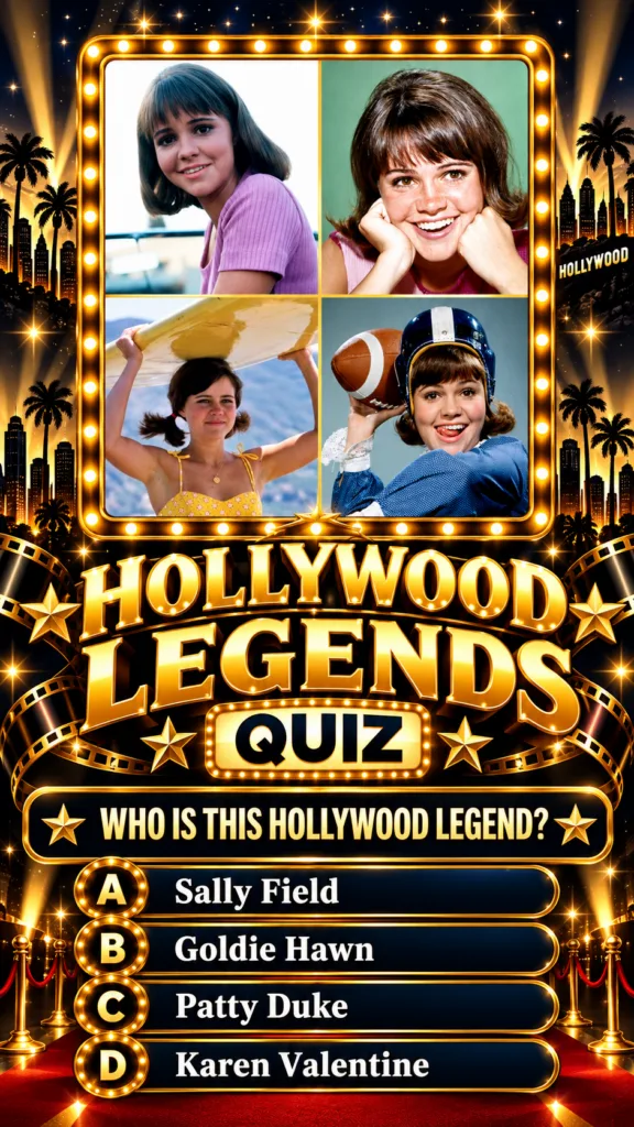 A Hollywood Legends Quiz graphic featuring four nostalgic photographs of Sally Field from different periods of her caree