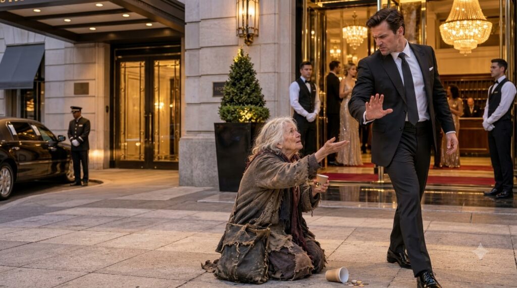 An elderly disheveled woman kneels on the ground holding a paper cup and looking up expectantly A sharply dressed man wa