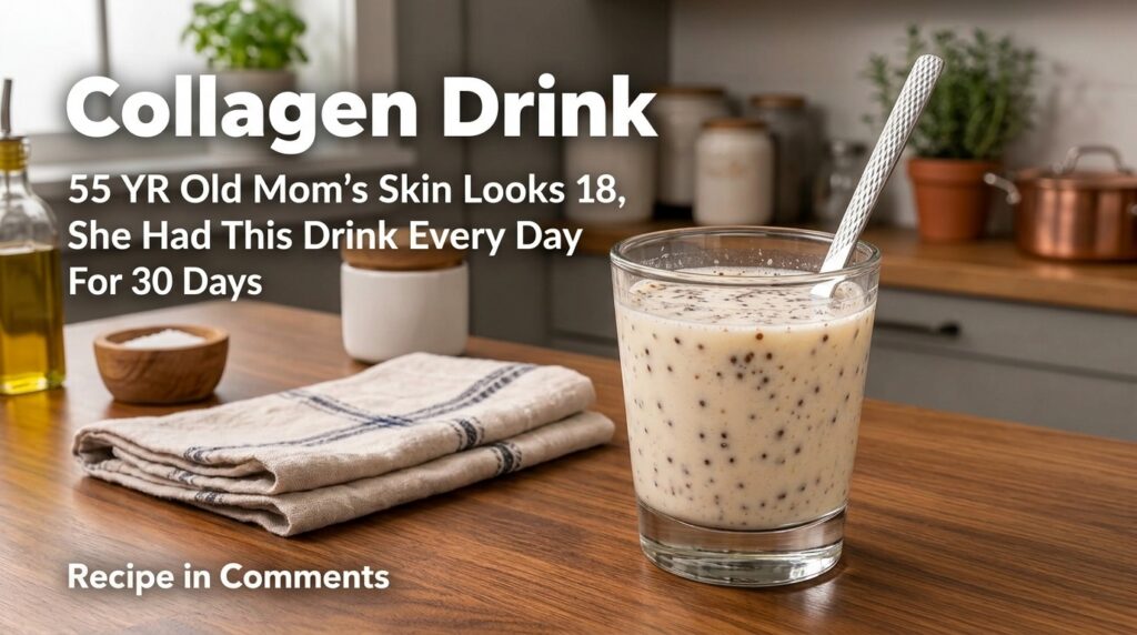 A glass of creamy speckled strawberry collagen drink with a metal spoon on a wooden surface in a home kitchen setting