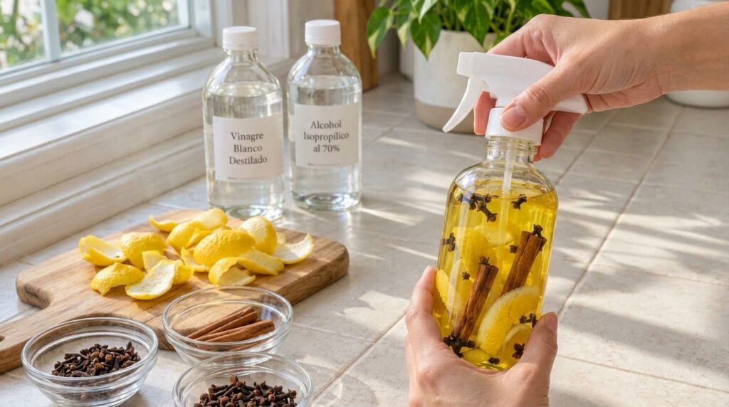 Close-up overhead shot of hands preparing a DIY cleaning solution in a clear glass spray bottle filled with a yellowish
