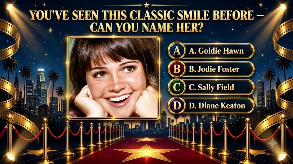 A quiz-style poster featuring a close-up of a young Sally Field with a warm smile framed by an ornate golden border agai