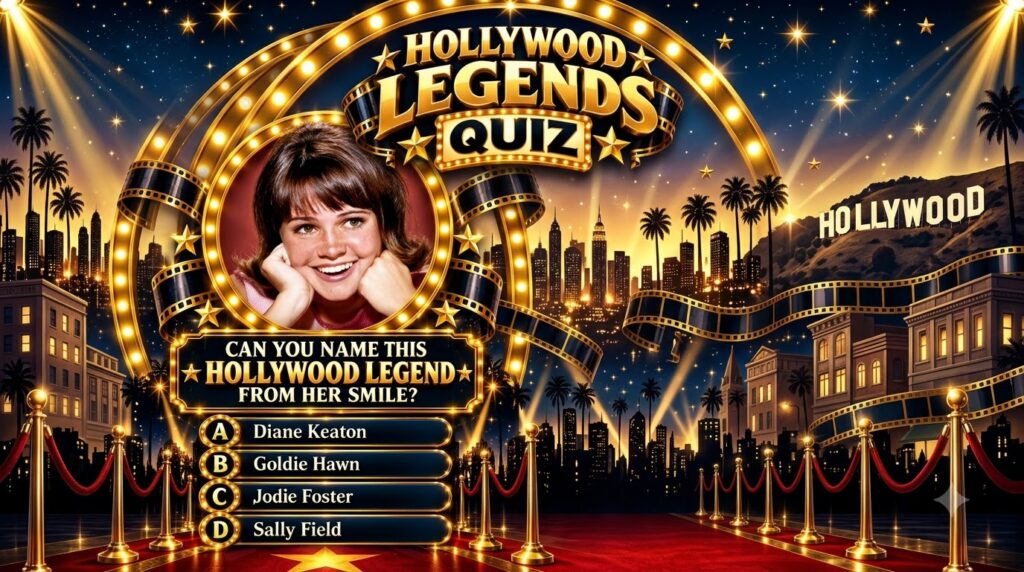 A vibrant retro-style quiz poster titled Hollywood Legends Quiz It features a youthful smiling woman with dark hair and 