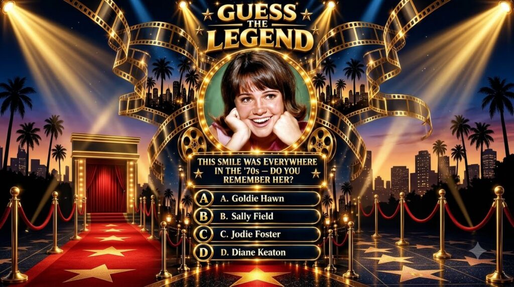 A vintage movie quiz poster featuring a smiling young Sally Field in a glowing gold circle with film strips spotlights a