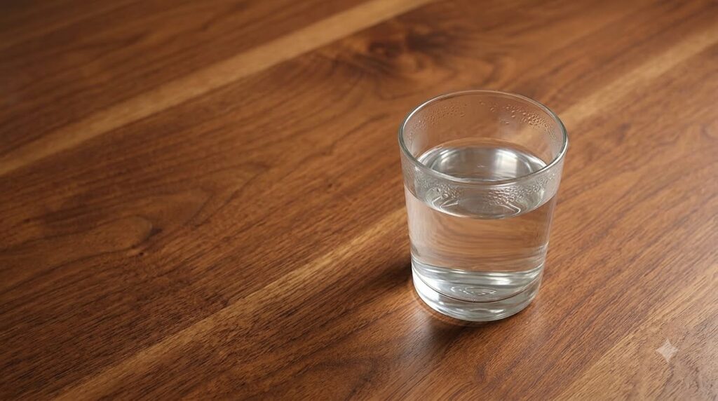 A clear glass of cool water with condensation on a warm wooden table symbolizing refreshment and hydration