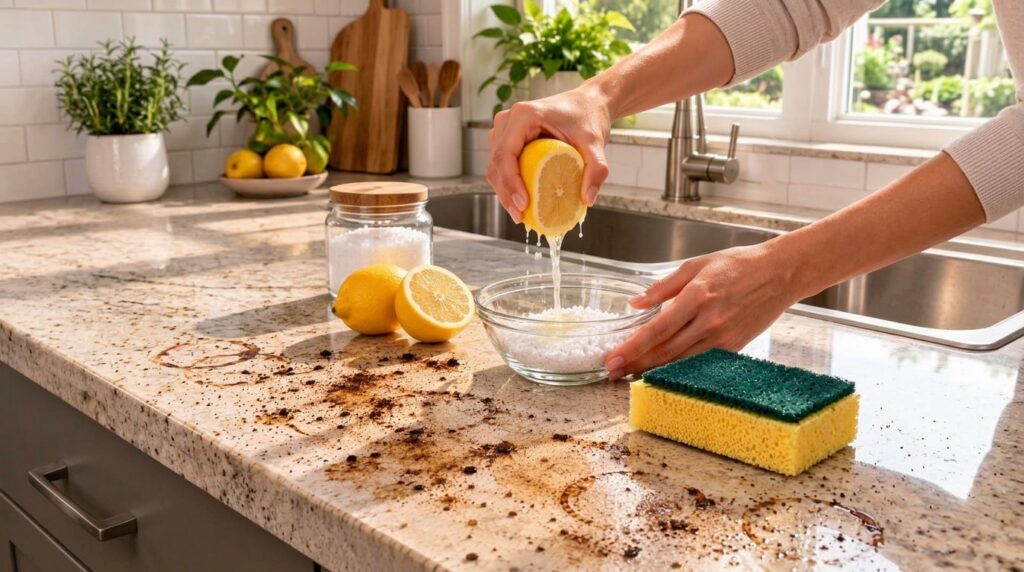 A person s hands squeezing a lemon half over a glass bowl filled with white granular salt on a soiled kitchen counter wi