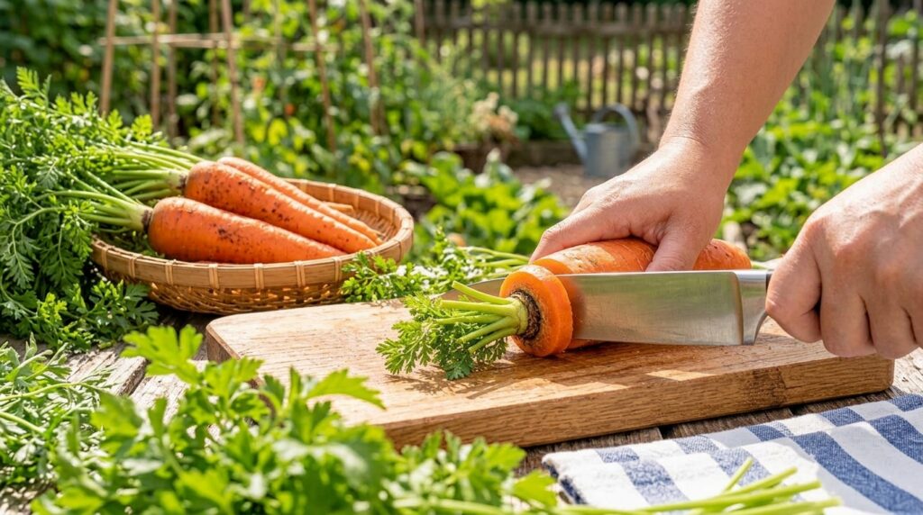 A close-up of a hand slicing a fresh carrot on a wooden cutting board brightly lit by natural sunlight with a basket of 