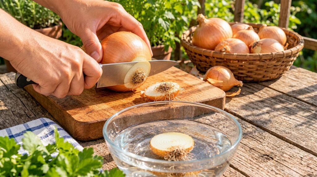 Close-up of hands cutting an onion on a wooden board outdoors with a glass bowl of water and an onion slice soaking Gree