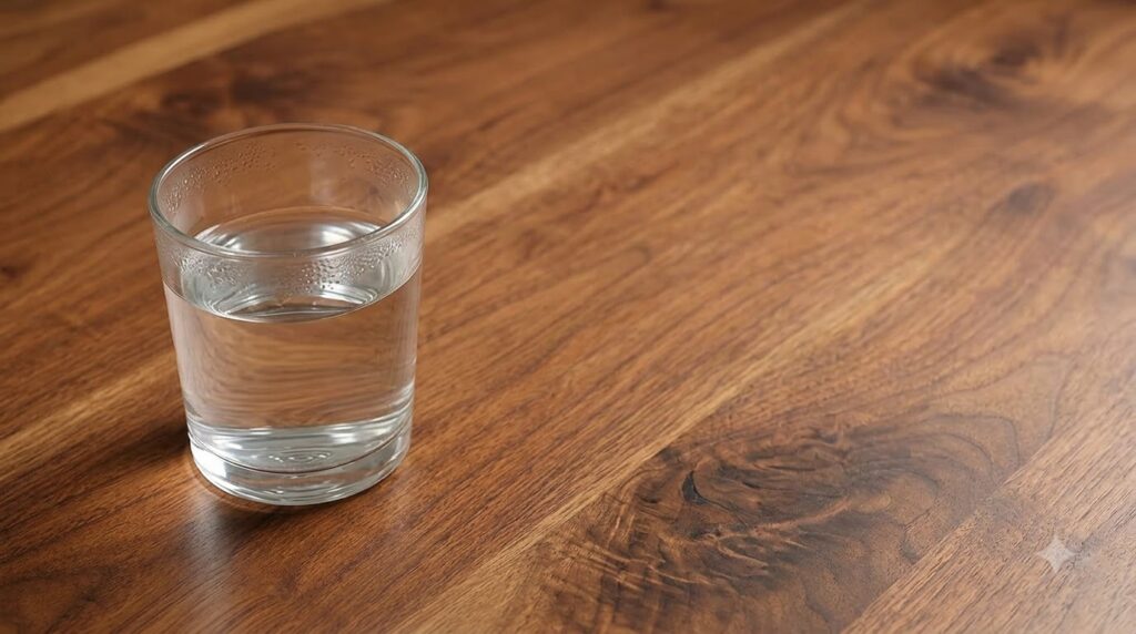 A clear glass of water about two-thirds full on a warm polished wooden table with condensation droplets on the glass
