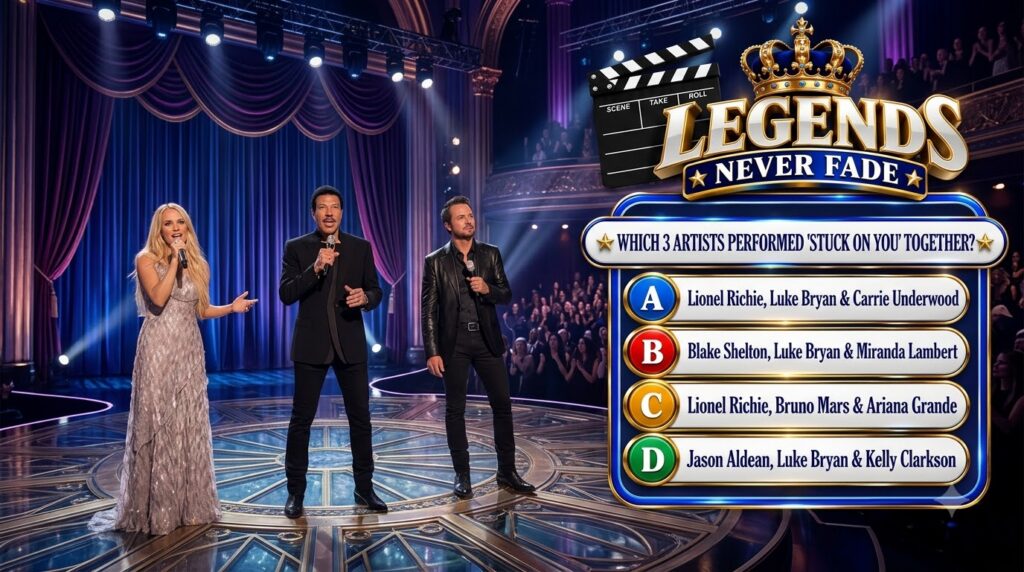Three musical legends Carrie Underwood Lionel Richie and Luke Bryan on stage holding microphones framed by a blue border