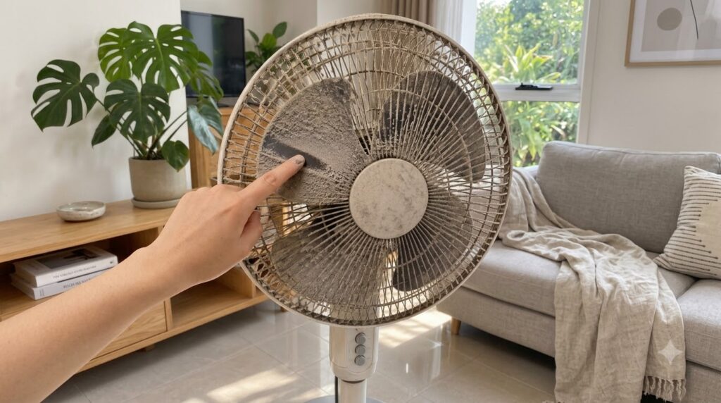 A heavily dust-laden electric fan with a finger pointing at the accumulated grime on one of the blades