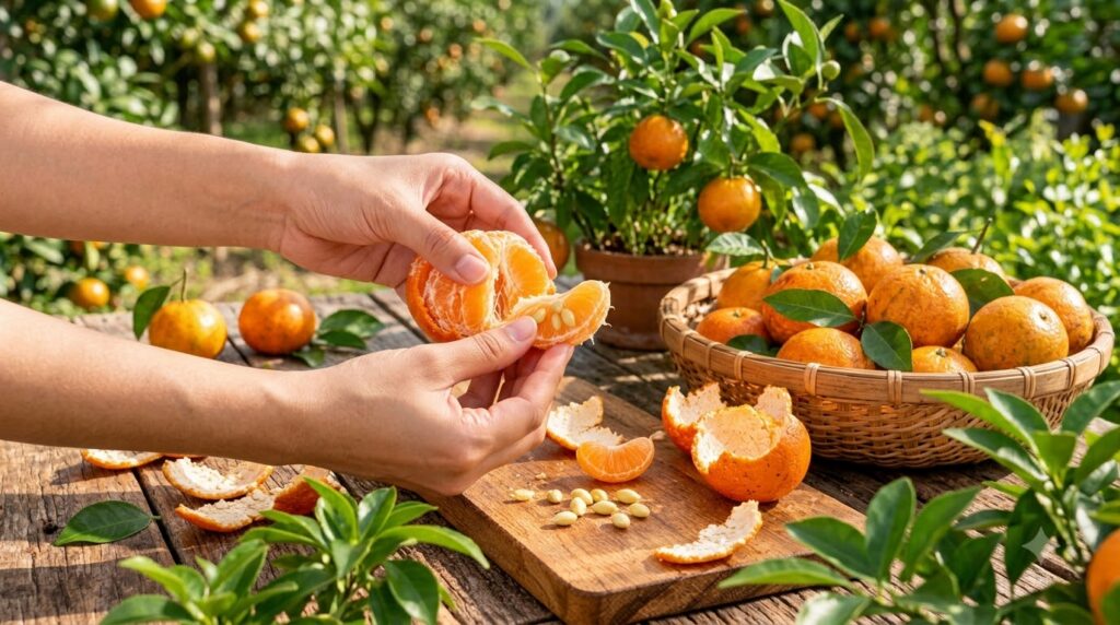 Close-up of hands peeling a vibrant tangerine revealing segments and seeds set outdoors on a wooden surface with a woven