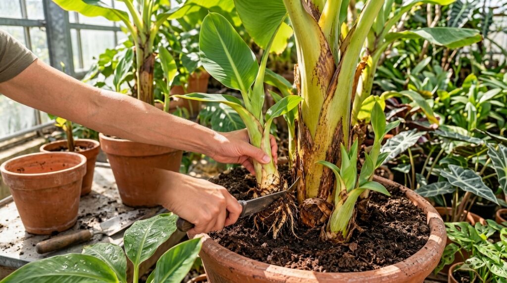 A close-up of hands using a knife to separate a young banana pup from the main plant s root system in a terracotta pot