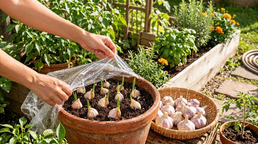 Hands gently lifting a clear plastic film from a terracotta pot with sprouting garlic cloves