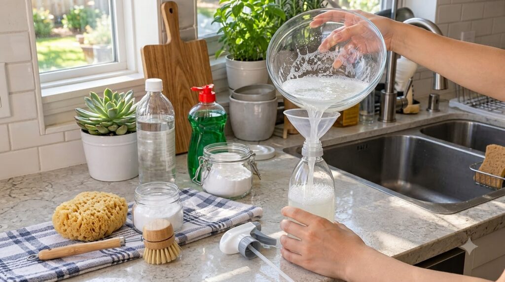 A person s hands are carefully pouring a homemade foamy cleaning solution from a glass bowl through a funnel into a clea