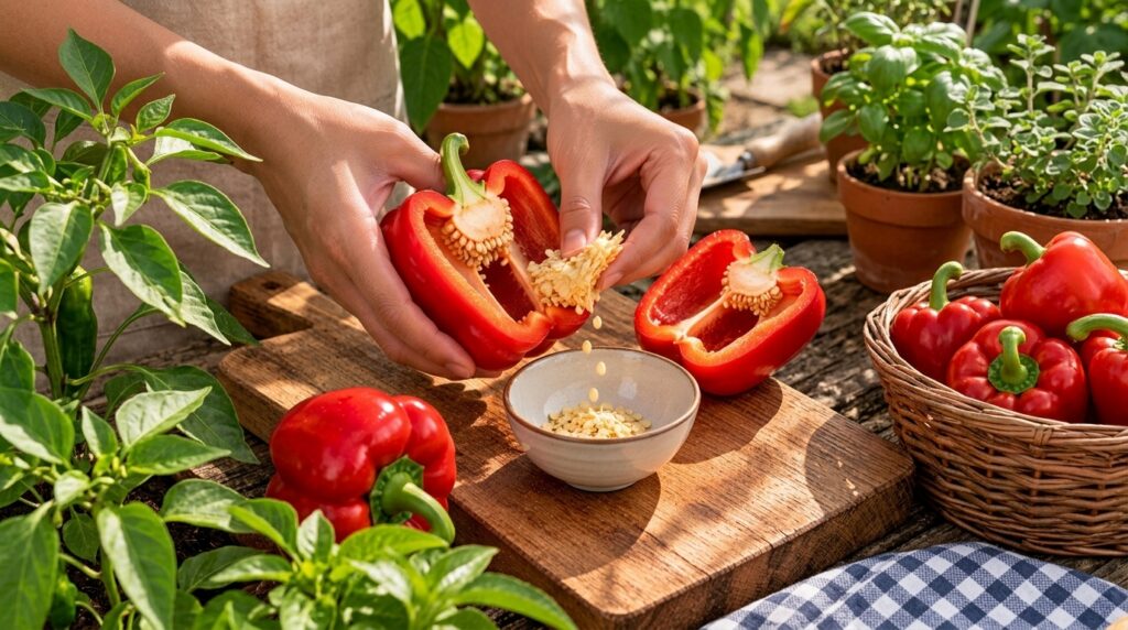 Close-up of hands carefully removing seeds from a vibrant red bell pepper with seeds falling into a small ceramic bowl O