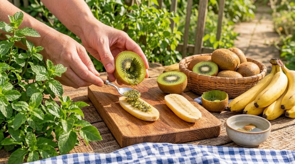 A close-up of hands scooping kiwi onto a banana on a wooden cutting board with more fruit and foliage in the background 