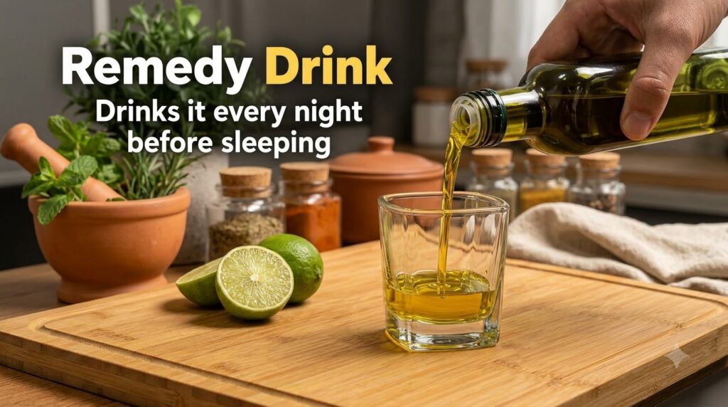 A hand pouring golden olive oil into a small glass cup with two halves of fresh lime on a wooden board nearby