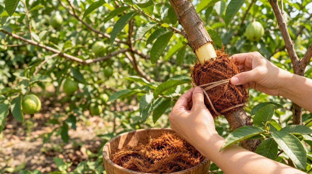 Close-up of two hands performing the air layering technique on a guava tree branch The hands are wrapping fibrous materi