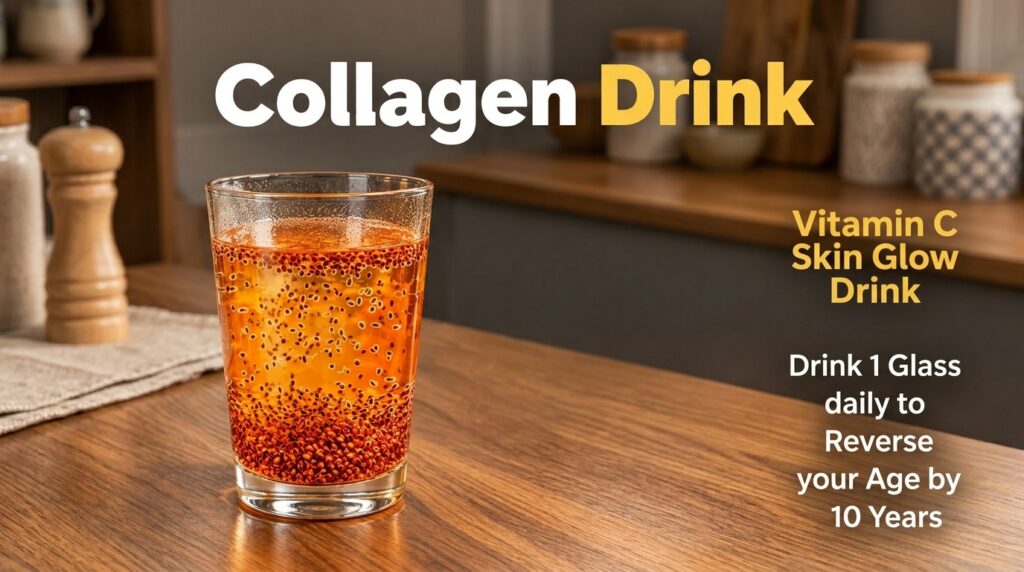 A glass of an orange-colored drink with small dark seeds on a wooden surface in a blurred kitchen background labeled Col