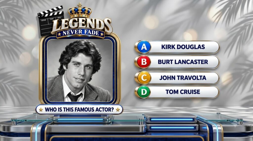 A vertical quiz layout featuring a black and white portrait of a young John Travolta framed in blue and gold Above the p