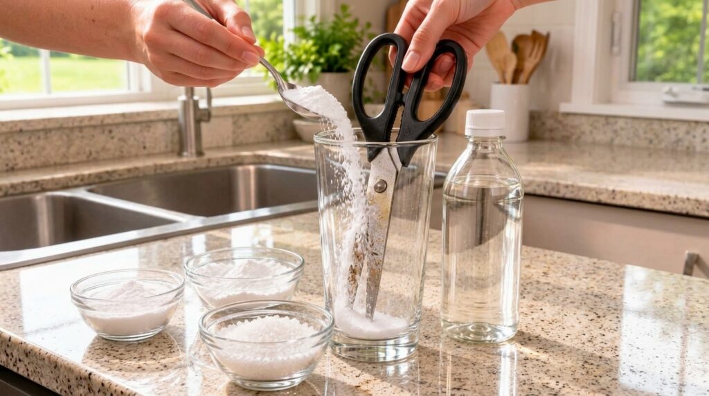 Hands pouring fine white powder baking soda from a spoon into a clear glass containing kitchen shears Two small bowls wi