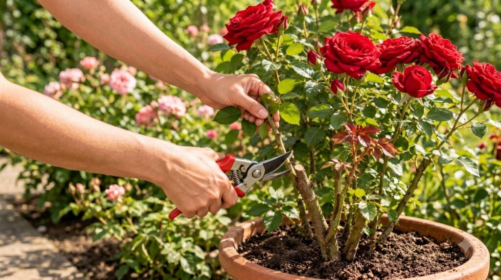 Hands using pruning shears to trim a branch of a vibrant red rose bush in a terracotta pot