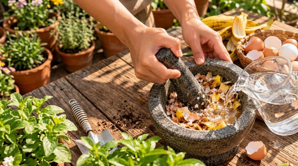 Hands crushing banana peels and eggshells in a mortar with water being poured from a jug in an outdoor garden setting