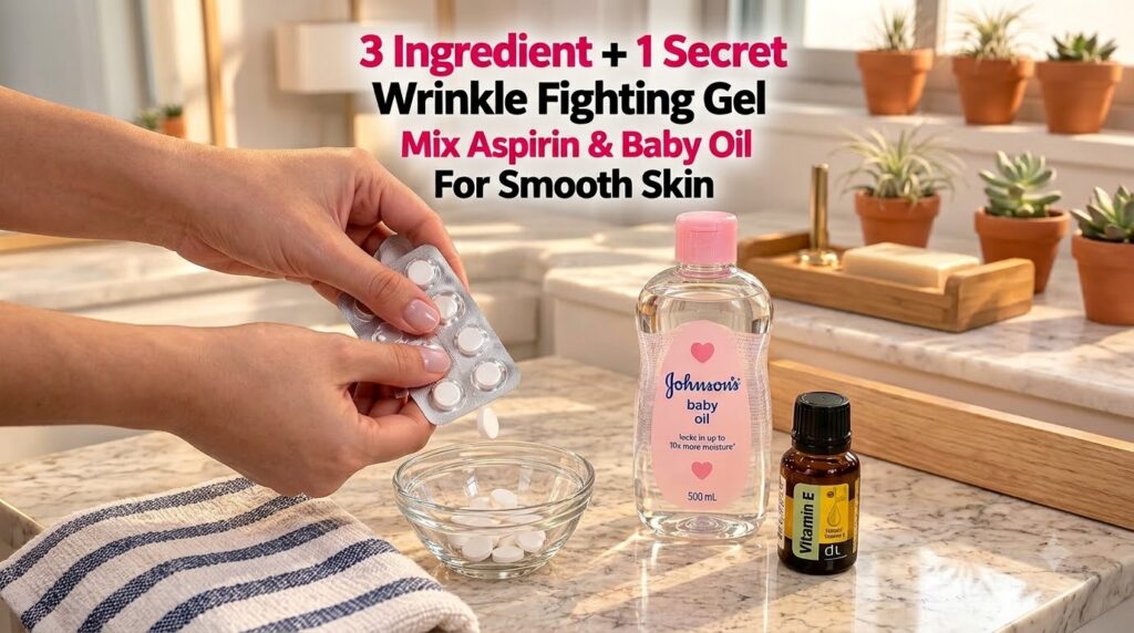 A person s hands dispensing aspirin into a bowl with baby oil and vitamin E oil bottles nearby on a mottled countertop