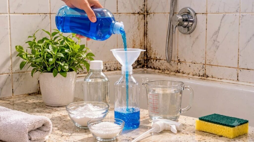 A hand pouring blue dish soap into a funnel placed in a clear spray bottle with baking soda hydrogen peroxide and a spon