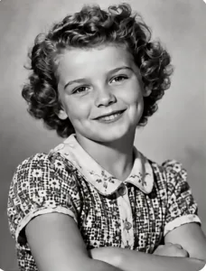 A black and white portrait of a young Marilyn Monroe as a child smiling broadly with dimples and curly hair