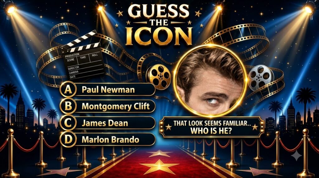 A Guess the Icon quiz interface featuring a close-up of James Dean s eyes and forehead within a golden circular frame Th