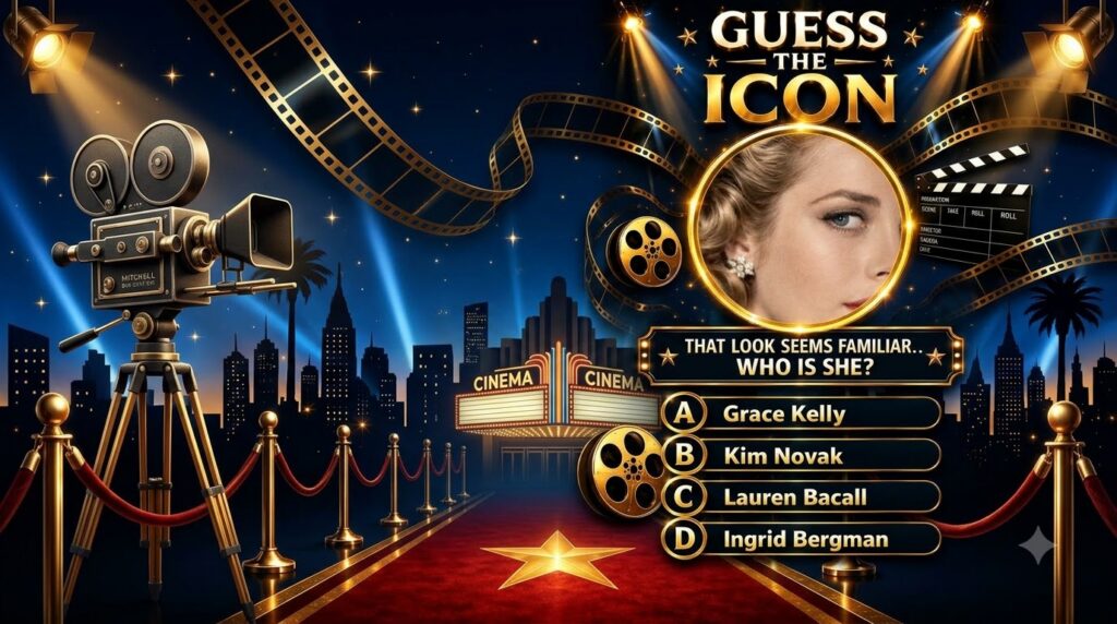 A classic Hollywood-themed quiz titled GUESS THE ICON featuring a partial close-up of a woman s face within a golden cir