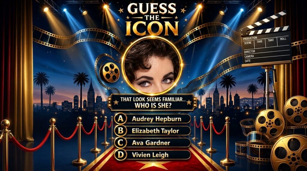 A vertical quiz poster titled GUESS THE ICON with a glamorous Hollywood theme It features a close-up of a woman s eyes w