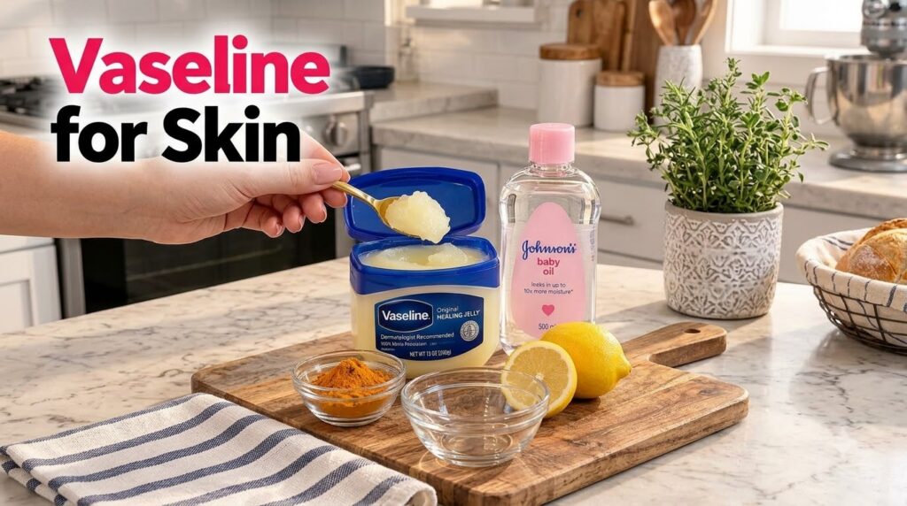 A collection of skincare ingredients including Vaseline baby oil turmeric powder and cut lemons arranged on a wooden cut