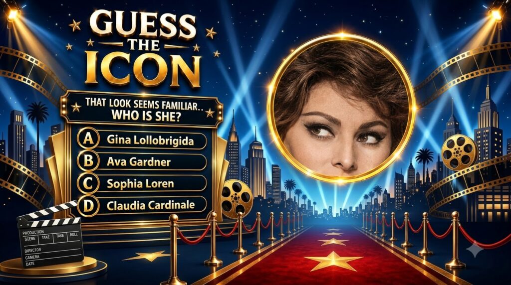 A close-up of a woman s expressive eyes framed within a golden circular border suggesting a quiz or challenge The backgr