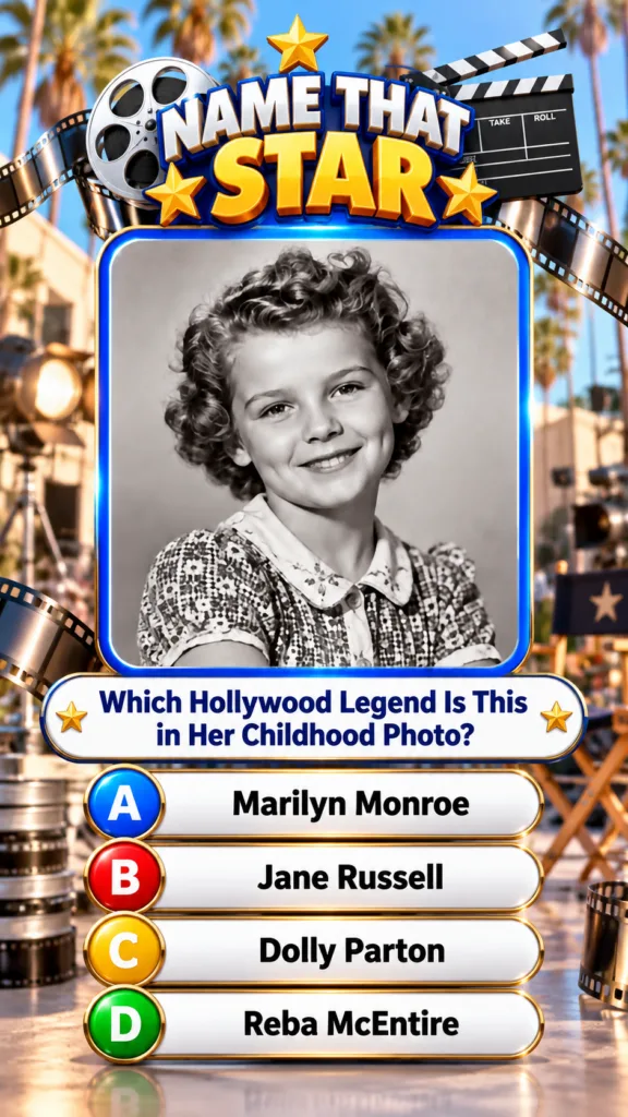 A black and white childhood photo of a smiling girl with curly hair set within a vibrant blue frame The background depic